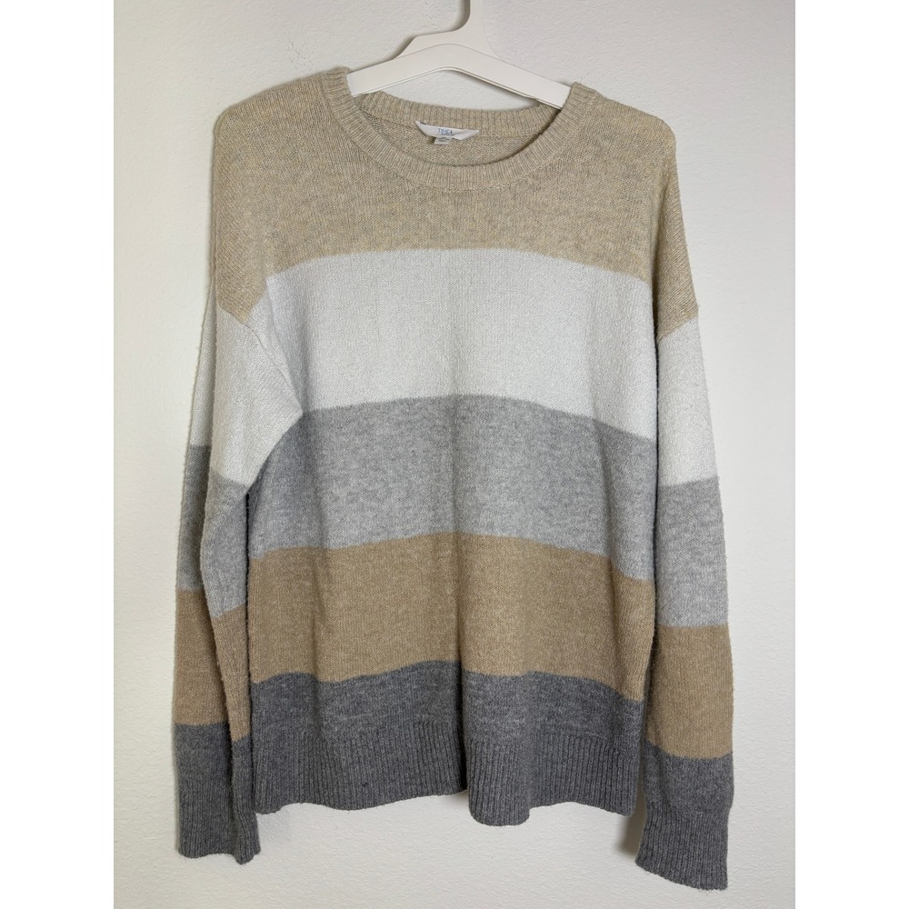 Time and Tru Womens XL Striped Crewneck Sweater Neutral Colorblock Tan Grey Knit